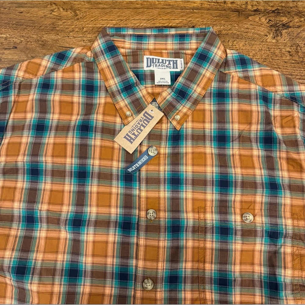 Duluth Trading Co Orange Plaid Relaxed Short Sleeve Button Down Shirt Men's‎ 2XL